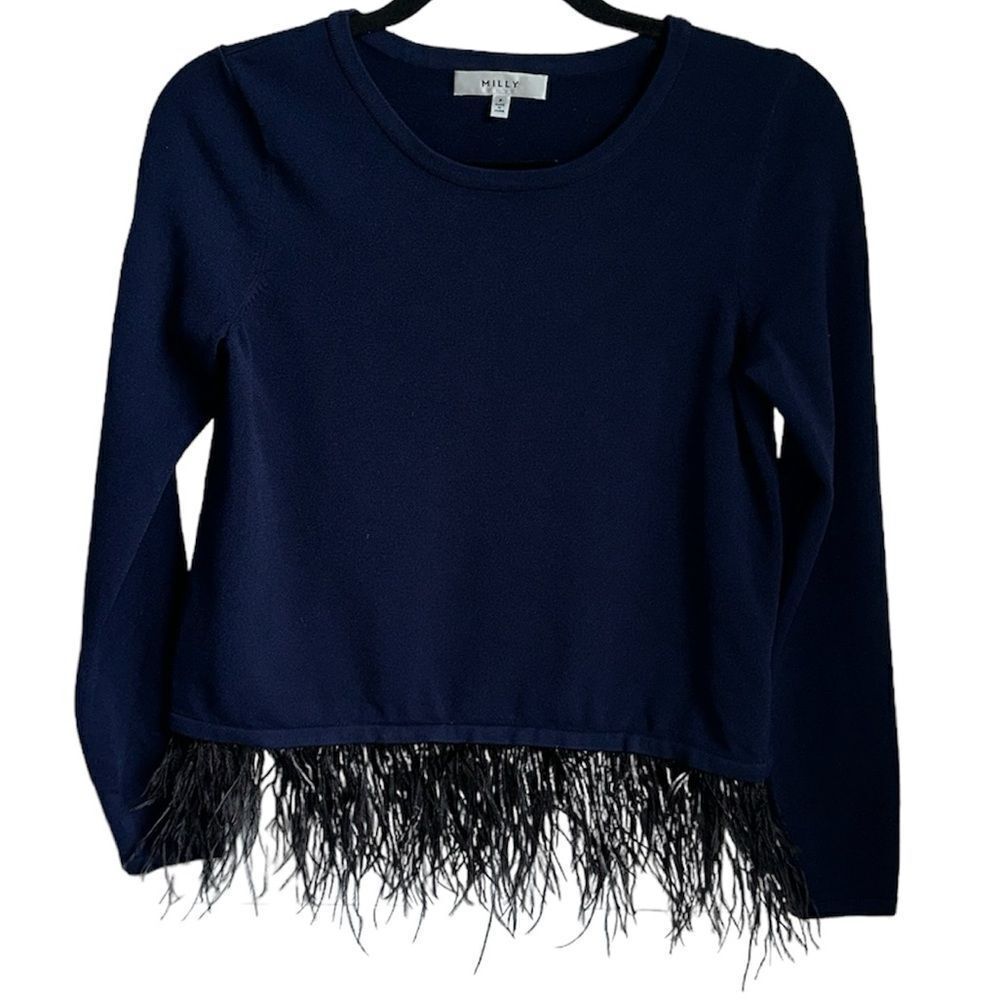 MILLY SIZE P‎ 0 2 xs Ostrich Feather Trim navy blue Pullover Sweater crewneck